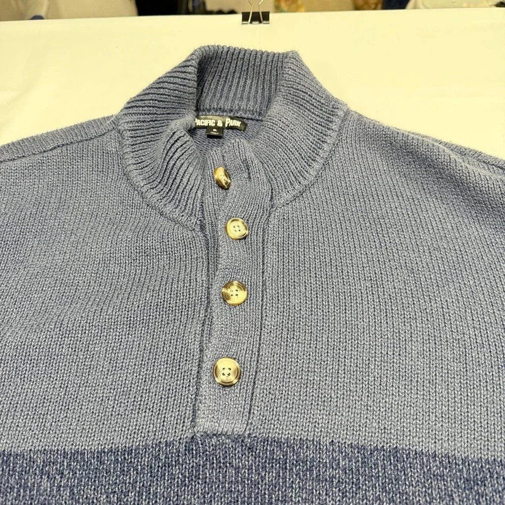 Grandpacore Minimalist‎ Two Tone Henley Knit Mock Neck Sweater Blue Men's XL